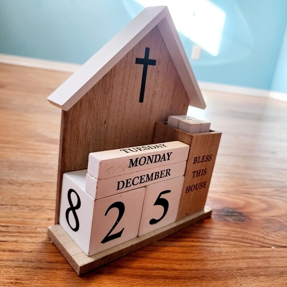 Bless This House Art Deco Wooden Desktop Blocks Calendar Inspirational Holiday - Picture 2 of 7